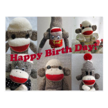 Sock Monkeys Happy Birthday Card Postcards