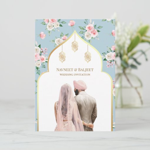 Soft Blue Pink Floral Anand Karaj Sikh Wedding Invitation Zazzle