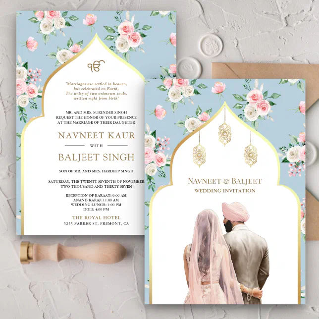 Soft Blue Pink Floral Anand Karaj Sikh Wedding Invitation Zazzle