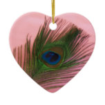 Soft Pink Peacock Feather heart-shaped Christmas Ornament
