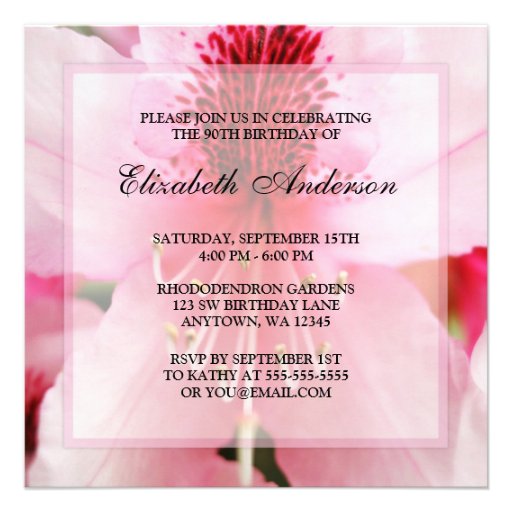 Soft Pink Rhododendron Flowers 90th Birthday Party Personalized Announcement (front side)