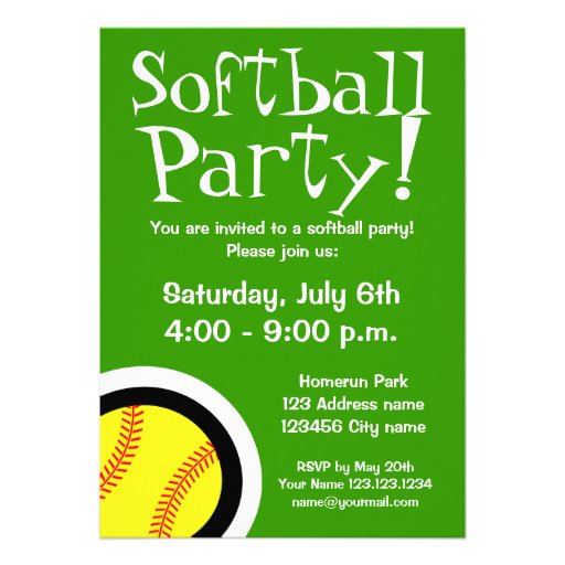 Softball party invitations for Birthdays and BBQ (front side)