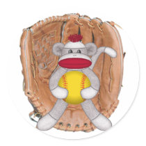 Softball Sock Monkey Round Stickers