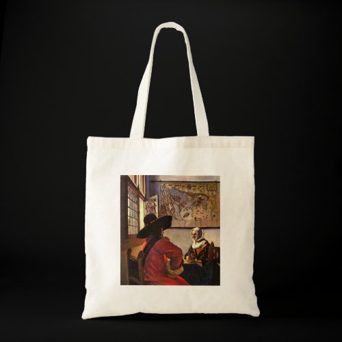 Soldier and girl smiling by Johannes Vermeer Bag