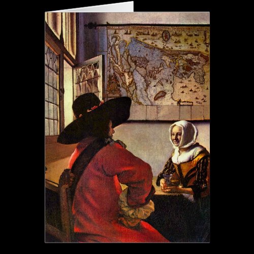 Soldier and girl smiling by Johannes Vermeer Greeting Cards