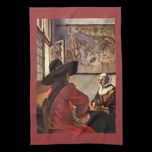 Soldier and girl smiling by Johannes Vermeer Towel