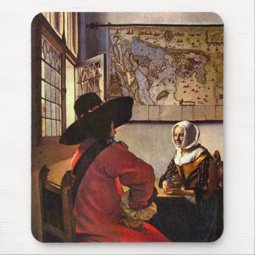 Soldier and girl smiling by Johannes Vermeer Mouse Pad