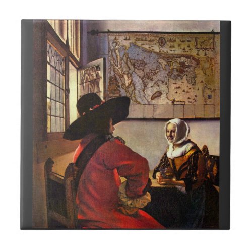 Soldier and girl smiling by Johannes Vermeer Ceramic Tiles