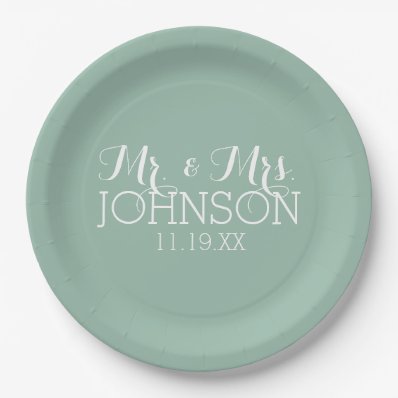 Solid Color Mint Green - Mr & Mrs Wedding Favors Paper Plate