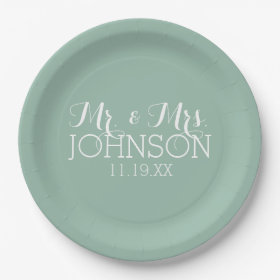 Solid Color Mint Green - Mr & Mrs Wedding Favors 9 Inch Paper Plate