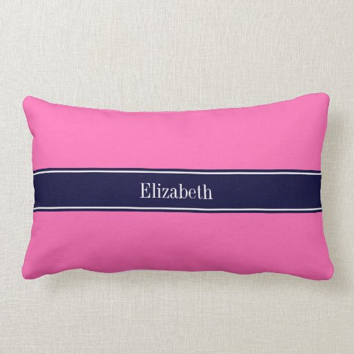 Solid Hot Pink #2, Navy Blue Ribbon Name Monogram Throw Pillow Zazzle