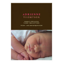 Solid sophistication brown pink photo baby birth invitations