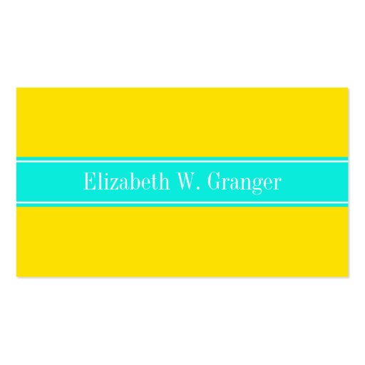 Solid Yellow, Bright Aqua Ribbon Name Monogram Business Cards (front side)