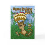Son Happy Birthday with monkey holding cake cards