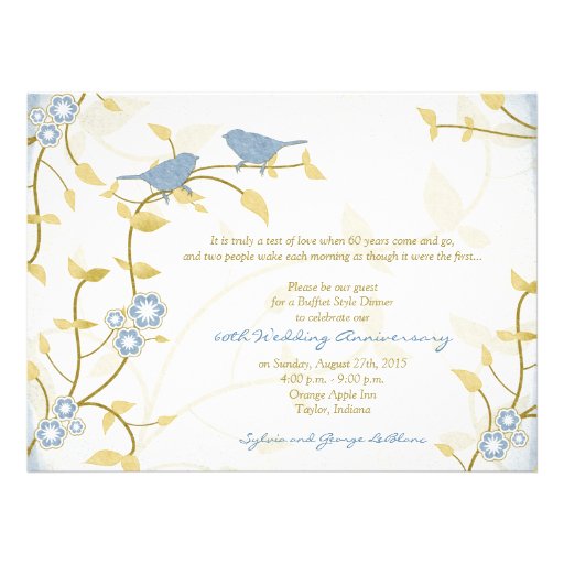 Song Birds Blue Gold Diamond Wedding Anniversary Custom Invites (front side)