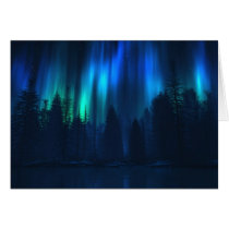aurora, northern, lights, blue, forest, winter, water, Card with custom graphic design