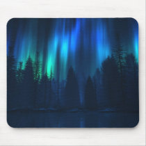 aurora, northern, lights, blue, forest, winter, water, forests, jungles, Mouse pad with custom graphic design