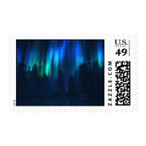 aurora, northern, lights, blue, forest, winter, water, desktop wallpaper, Selo postal com design gráfico personalizado