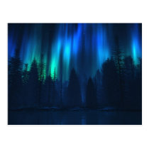aurora, northern, lights, blue, forest, winter, water, Cartão postal com design gráfico personalizado