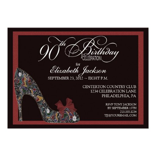 Sophisticated Floral Shoe 90th Birthday Invite Red (front side)