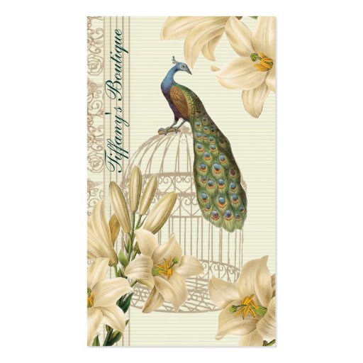 Sophisticated vintage Peacock Lily Business cards (front side)