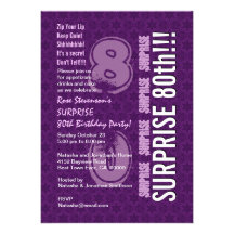 SORPRENDA el 80.o cumpleaños moderno G539 púrpura Invitacion Personalizada