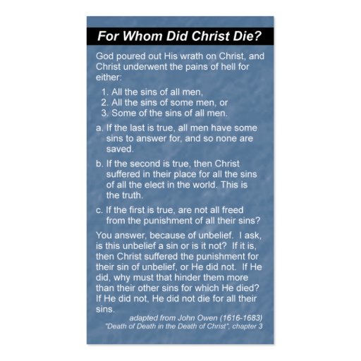 Sovereign Grace Church - For Whom Did Christ Die? Business Card Templates (back side)