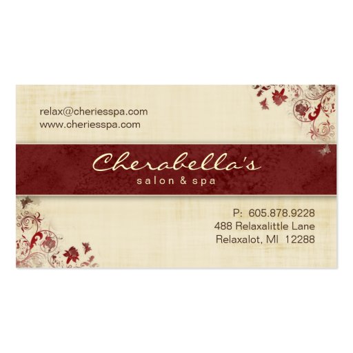 Spa Salon Business Card Floral Butterflies Red C (front side)