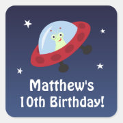 Space birthday sticker with alien in spaceship