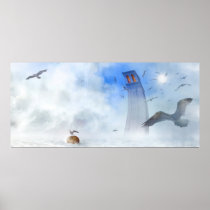 fantasy, surreal, digital, fog, birds, landscape, amazing, tower, mood, seascape, posters, prints, art posters, fairy posters, cool posters, school, back to school, bestseller, best selling, towers, Poster with custom graphic design