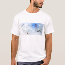 water, sea, sea gull, birds, light, architecture, tower, fog, houk, illustration, digital art, digital realism, surreal, surreal art, fantasy, gifts, gift, eerie, gothic, mood, mysterious, mystery, mystic, atmospheric, imaginative, landscape, halloween tshirts, tshirts, fashion, art tshirts, cool tshirts, bestseller, best selling, towers, Shirt with custom graphic design