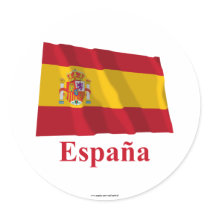 Spain Waving Flag with Name in Spanish Round Stickers