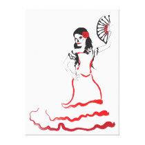spanish sugar skull dancer : red, black and white canvas prints