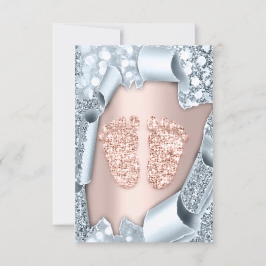 Spark Glitter Drips Rose Blue Baby Shower Feet Invitation Zazzle