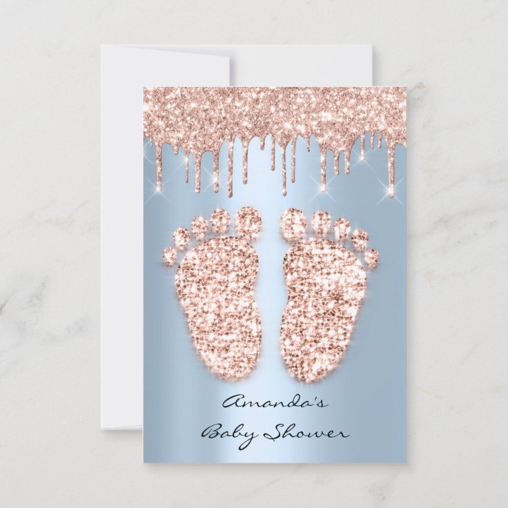 Spark Glitter Drips Rose Blue Baby Shower Feet Invitation Zazzle