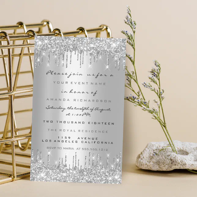 Spark Glitter Drips Silver Lux Bridal Sweet Th Invitation Zazzle