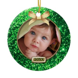 Sparkle Green/Gold Bow Photo Christmas Tree Ornaments