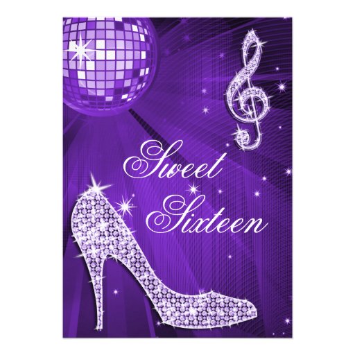 Sparkle Heels and Purple Disco Ball Sweet 16 Invites