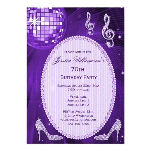 Sparkle Heels Purple Disco Ball 70th Birthday Announcements