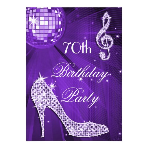 Sparkle Heels Purple Disco Ball 70th Birthday Announcements (front side)
