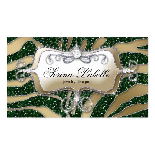 Sparkle Jewelry Business Card Zebra Gold Green (front side)