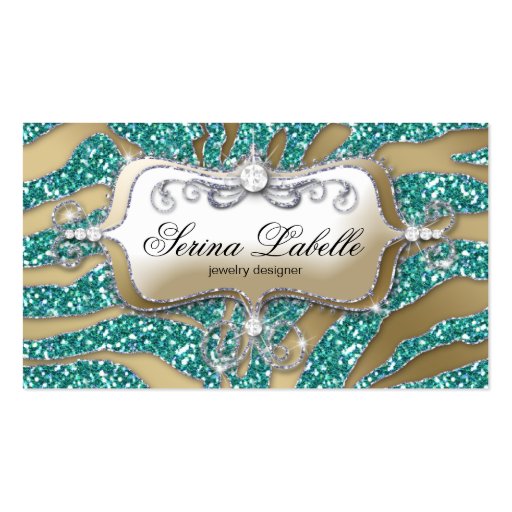 Sparkle Jewelry Business Card Zebra Gold Teal (front side)