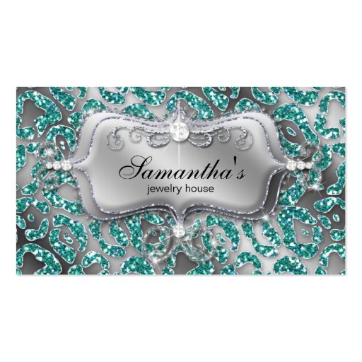 Sparkle Jewelry Business Card Zebra Teal 2 Silver (front side)