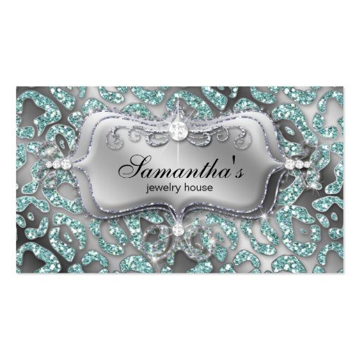 Sparkle Jewelry Business Card Zebra Teal Silver (front side)