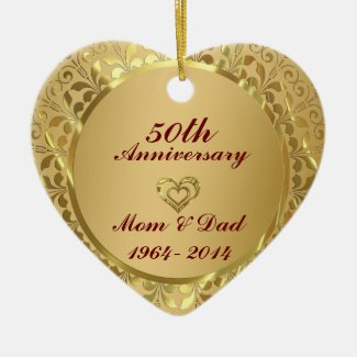 Sparkling Gold 50th Wedding Anniversary Double-Sided Heart Ceramic Christmas Ornament