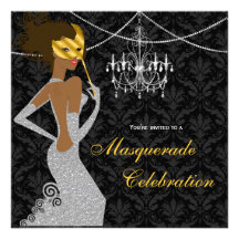 Sparkling Silver Black Masquerade Diva Personalized Invitations