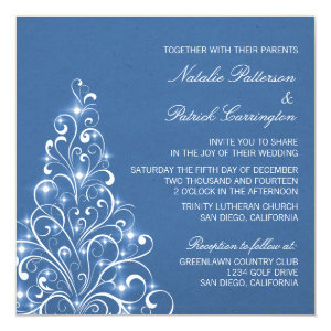 Sparkly Holiday Tree Wedding Invite, Blue