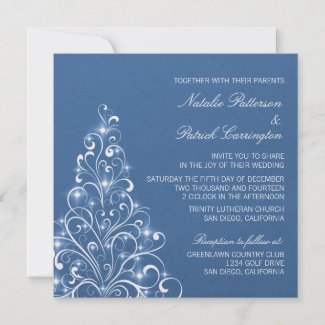 Sparkly Holiday Tree Wedding Invite, Blue invitation