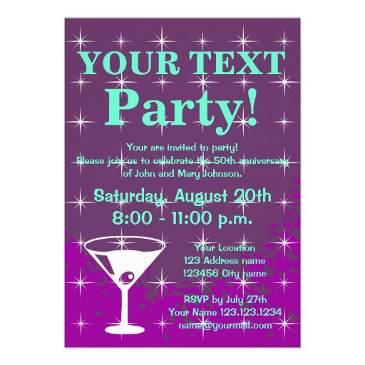Sparkly party invitations with cocktail glass