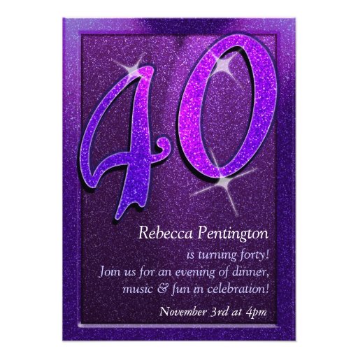 Sparkly Purple 40th Birthday Party Invitation (front side)